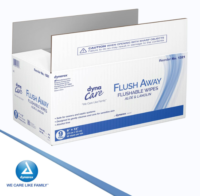 DynaCare Flushable Wipes - Adult, 9" x 13" Tub, 9tubs/case (540 Count) DynaCare Flushable Wipes - Adult, 9" x 13" Tub, 9tubs/case (540 Count)