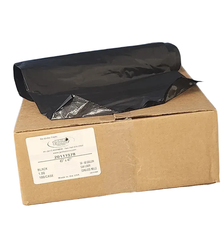 JaniSource 55-60 Gal 1.0 mil Heavy Duty Low Density Can Liners, 43" x 47", Black, Case of 100 JaniSource 55-60 Gal 1.0 mil Heavy Duty Low Density Can Liners, 43" x 47", Black, Case of 100