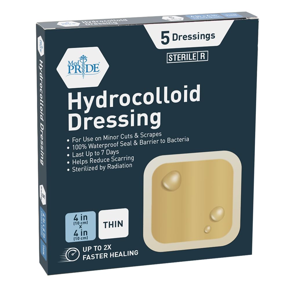 Medpride Hydrocolloid Wound Dressing Pads 4"x4" Thin, Sterile Adhesive Patches, 5/Pack, Case of 20 (100 Count) Medpride Hydrocolloid Wound Dressing Pads 4"x4" Thin, Sterile Adhesive Patches, 5/Pack, Case of 20 (100 Count)