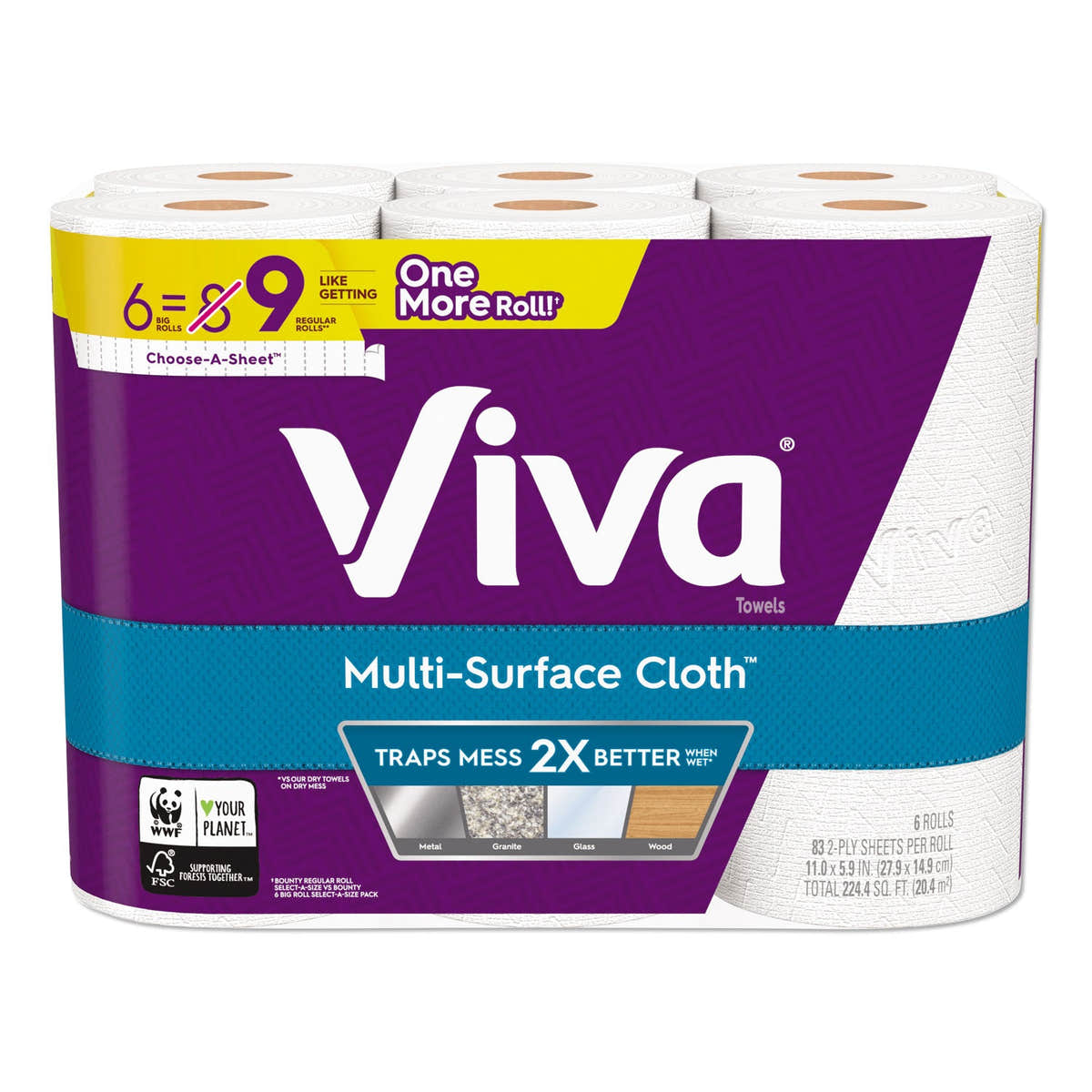 Viva Multi-Surface Cloth Choose-A-Sheet Kitchen Roll Paper Towels 2-Ply, 11 x 5.9, White, 83/Roll, 6 Rolls/Pack, 4 Packs/Carton Viva Multi-Surface Cloth Choose-A-Sheet Kitchen Roll Paper Towels 2-Ply, 11 x 5.9, White, 83/Roll, 6 Rolls/Pack, 4 Packs/Carton