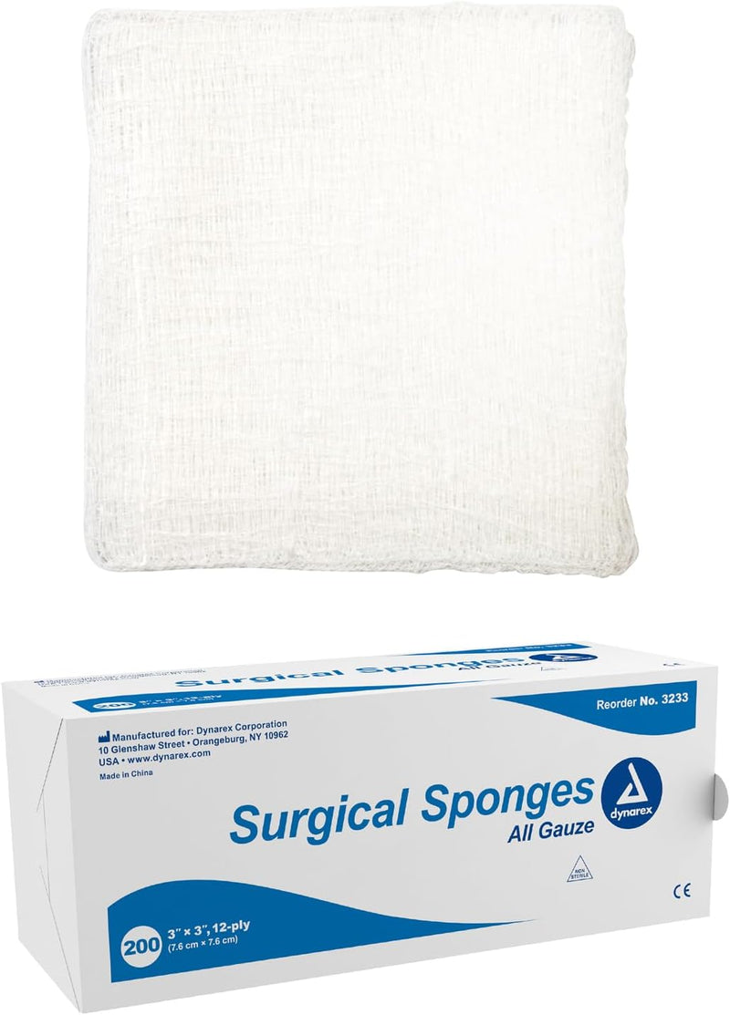 Dynarex Surgical Gauze Sponge, 3" x 3" 12 Ply 200ea/bx, 20bxs/cs (4000 Count) Dynarex Surgical Gauze Sponge, 3" x 3" 12 Ply 200ea/bx, 20bxs/cs (4000 Count)