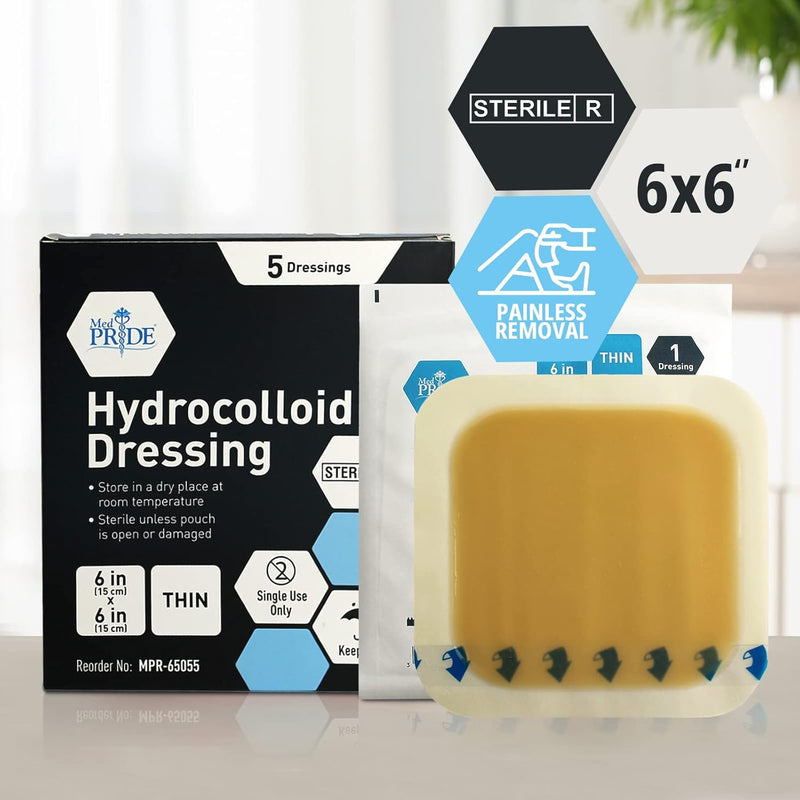 Medpride Hydrocolloid Wound Dressing Pads 6"x6" Thin, Sterile Adhesive Patches, 5/Pack, Case of 12 (60 Count) Medpride Hydrocolloid Wound Dressing Pads 6"x6" Thin, Sterile Adhesive Patches, 5/Pack, Case of 12 (60 Count)
