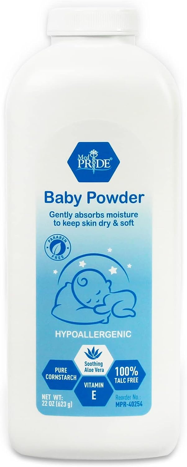 MEDPRIDE Hypoallergenic Talc Free Baby Powder with Seal, Cornstarch Powder with Aloe Vera and Vitamin E - White Bottle - 22 oz, 18/cs. MEDPRIDE Hypoallergenic Talc Free Baby Powder with Seal, Cornstarch Powder with Aloe Vera and Vitamin E - White Bottle - 22 oz, 18/cs.