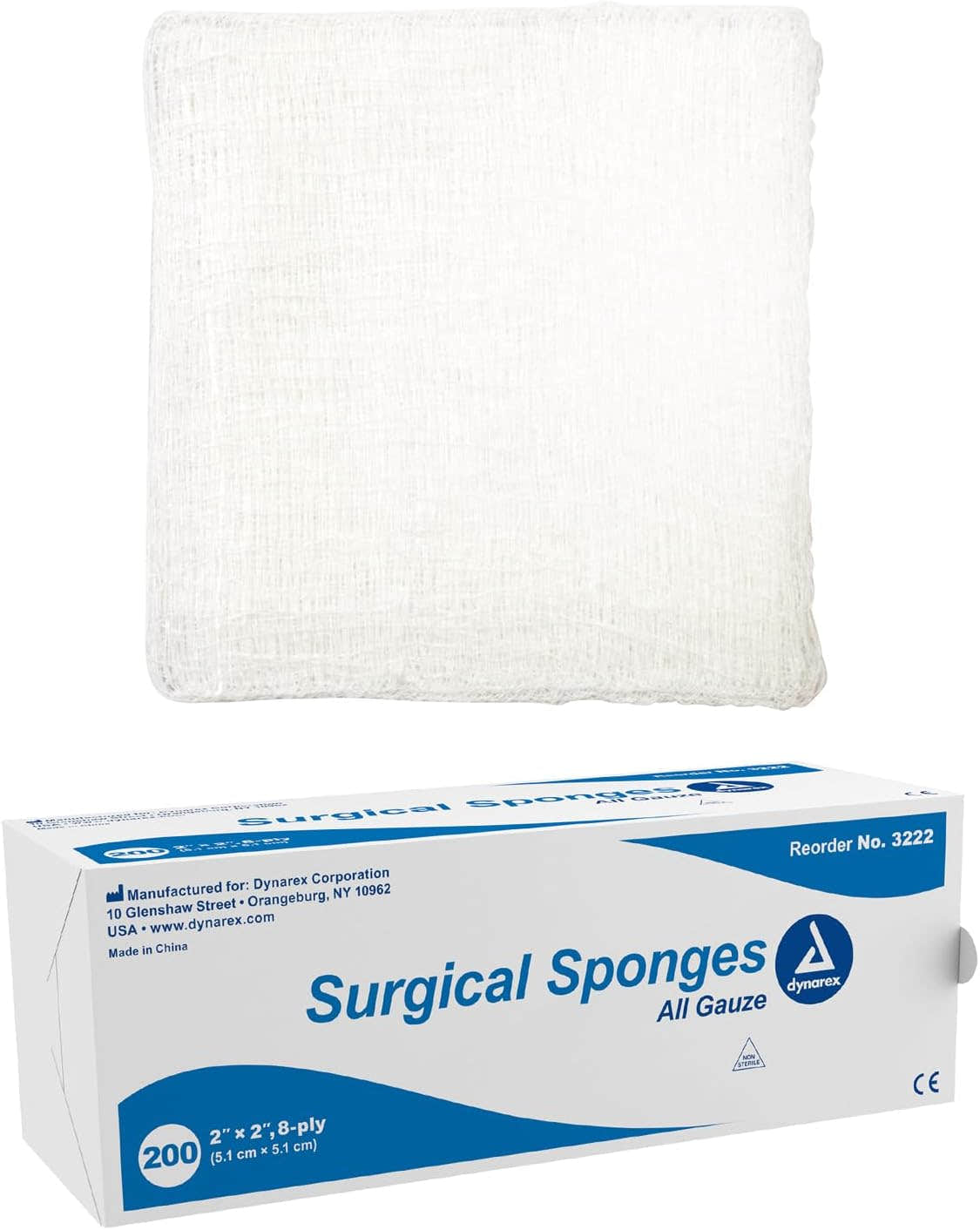 Dynarex Surgical Gauze Sponge, 2" x 2" 8 Ply, 200ea/bx, 25bxs/cs (5000 Count) Dynarex Surgical Gauze Sponge, 2" x 2" 8 Ply, 200ea/bx, 25bxs/cs (5000 Count)