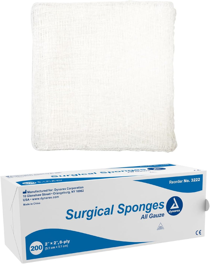 Dynarex Surgical Gauze Sponge, 2" x 2" 8 Ply, 200ea/bx, 25bxs/cs (5000 Count) Dynarex Surgical Gauze Sponge, 2" x 2" 8 Ply, 200ea/bx, 25bxs/cs (5000 Count)
