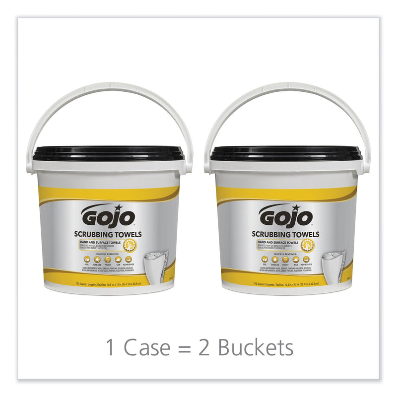 GOJO Scrubbing Towels, Hand Cleaning, Orange Scent, White/Yellow, 170/Bucket, 2 Buckets/Carton GOJO Scrubbing Towels, Hand Cleaning, Orange Scent, White/Yellow, 170/Bucket, 2 Buckets/Carton