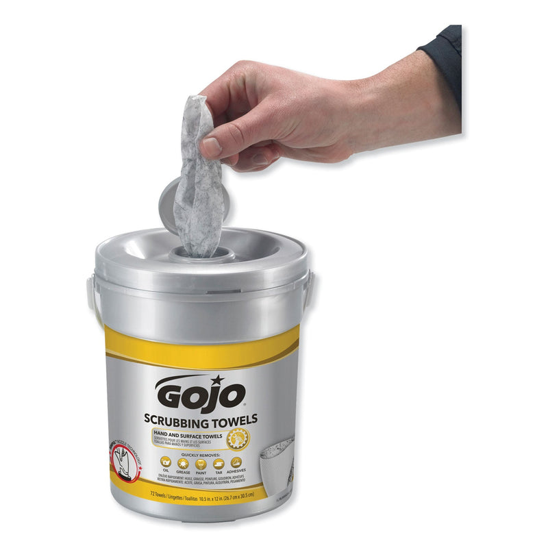 GOJO Scrubbing Towels, Hand Cleaning, 2-Ply, 10.5 x 12, Fresh Citrus, Silver/Yellow, 72/Bucket GOJO Scrubbing Towels, Hand Cleaning, 2-Ply, 10.5 x 12, Fresh Citrus, Silver/Yellow, 72/Bucket