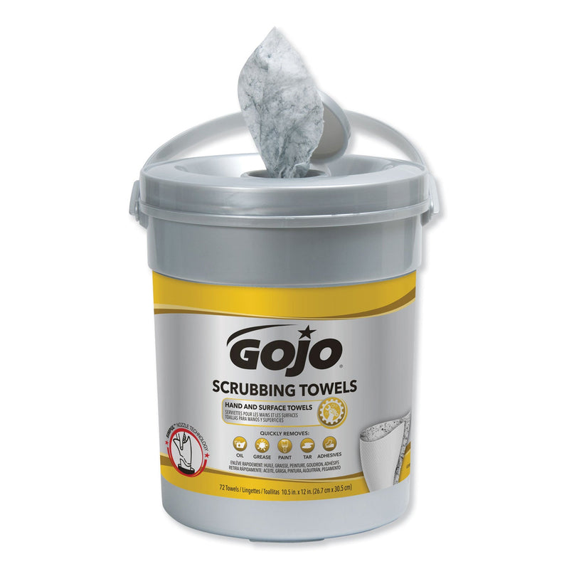 GOJO Scrubbing Towels, Hand Cleaning, 2-Ply, 10.5 x 12, Fresh Citrus, Silver/Yellow, 72/Bucket GOJO Scrubbing Towels, Hand Cleaning, 2-Ply, 10.5 x 12, Fresh Citrus, Silver/Yellow, 72/Bucket