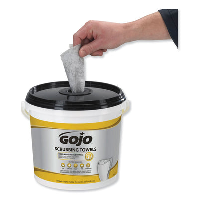 GOJO Scrubbing Towels, Hand Cleaning, Orange Scent, White/Yellow, 170/Bucket, 2 Buckets/Carton GOJO Scrubbing Towels, Hand Cleaning, Orange Scent, White/Yellow, 170/Bucket, 2 Buckets/Carton