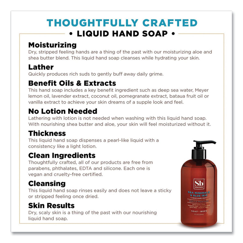 Soapbox Hand Soap, Sea Minerals and Blue Iris, 12 oz Pump Bottle, 12/Carton Soapbox Hand Soap, Sea Minerals and Blue Iris, 12 oz Pump Bottle, 12/Carton
