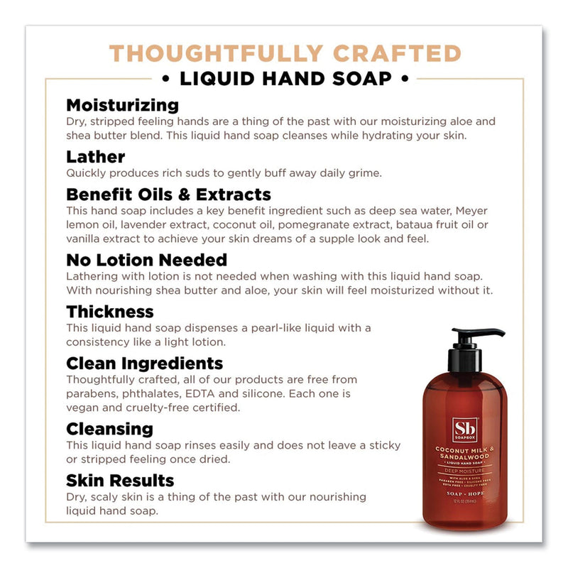 Soapbox Hand Soap, Coconut Milk and Sandalwood, 12 oz Pump Bottle, 3/Box Soapbox Hand Soap, Coconut Milk and Sandalwood, 12 oz Pump Bottle, 3/Box