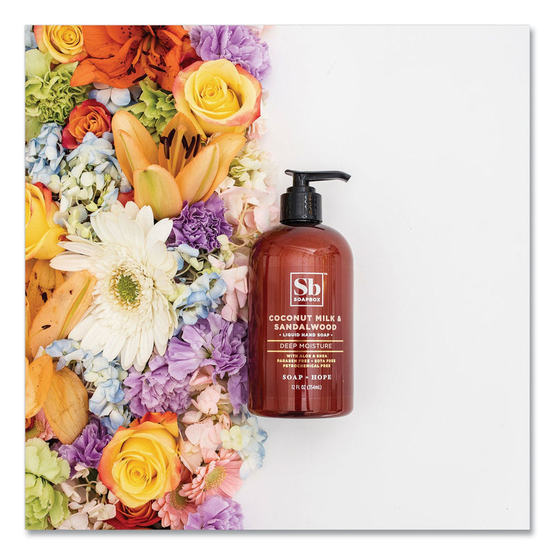 Soapbox Hand Soap, Coconut Milk and Sandalwood, 12 oz Pump Bottle, 3/Box Soapbox Hand Soap, Coconut Milk and Sandalwood, 12 oz Pump Bottle, 3/Box