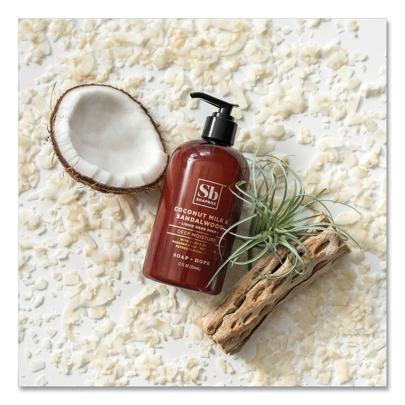 Soapbox Hand Soap, Coconut Milk and Sandalwood, 12 oz Pump Bottle, 3/Box Soapbox Hand Soap, Coconut Milk and Sandalwood, 12 oz Pump Bottle, 3/Box