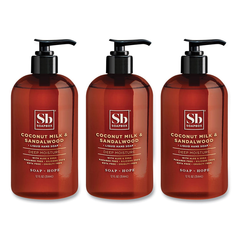Soapbox Hand Soap, Coconut Milk and Sandalwood, 12 oz Pump Bottle, 3/Box Soapbox Hand Soap, Coconut Milk and Sandalwood, 12 oz Pump Bottle, 3/Box