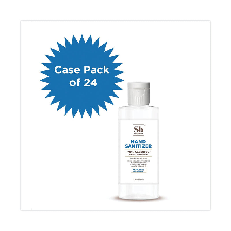 Soapbox 70% Alcohol Scented Gel Hand Sanitizer, 4 oz Flip-Top Bottle, Citrus Scent, 24/Carton Soapbox 70% Alcohol Scented Gel Hand Sanitizer, 4 oz Flip-Top Bottle, Citrus Scent, 24/Carton