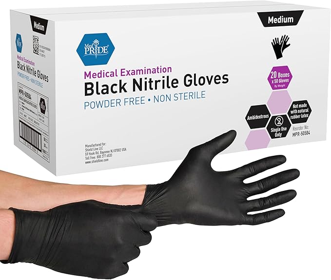 MedPride Black Nitrile Exam Gloves Powder Free Non Sterile - 4 Mil Thick- 50 Gloves / Case of 20 (1000 count) MedPride Black Nitrile Exam Gloves Powder Free Non Sterile - 4 Mil Thick- 50 Gloves / Case of 20 (1000 count)