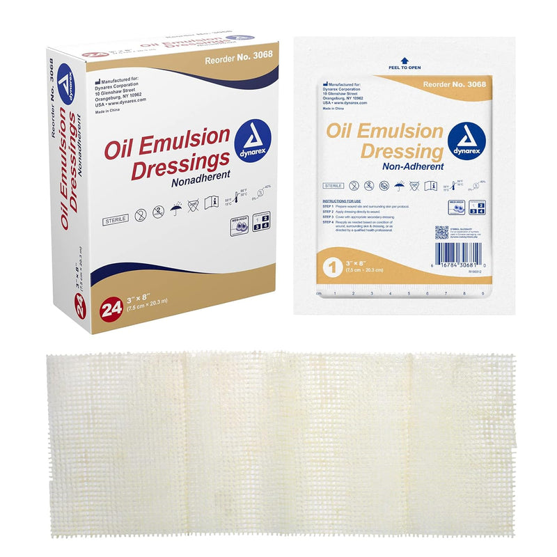 Dynarex Oil Emulsion Dressing, 3" x 8", 24ea/bx 6bxs/cs (144 Count) Dynarex Oil Emulsion Dressing, 3" x 8", 24ea/bx 6bxs/cs (144 Count)