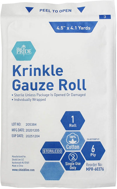 MedPride Krinkle Gauze Roll, Cotton Wound Dressing Sterile Wraps – 6-Ply, 4.5''x4.1 Yds. Case of 100 MedPride Krinkle Gauze Roll, Cotton Wound Dressing Sterile Wraps – 6-Ply, 4.5''x4.1 Yds. Case of 100
