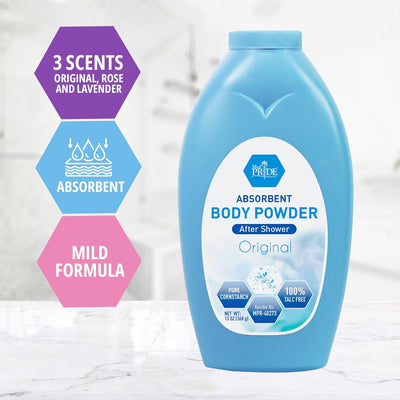 MedPride Premium 100% Talc Free Baby Powder w/seal - Blue Bottle - 13 oz, 24/cs. MedPride Premium 100% Talc Free Baby Powder w/seal - Blue Bottle - 13 oz, 24/cs.
