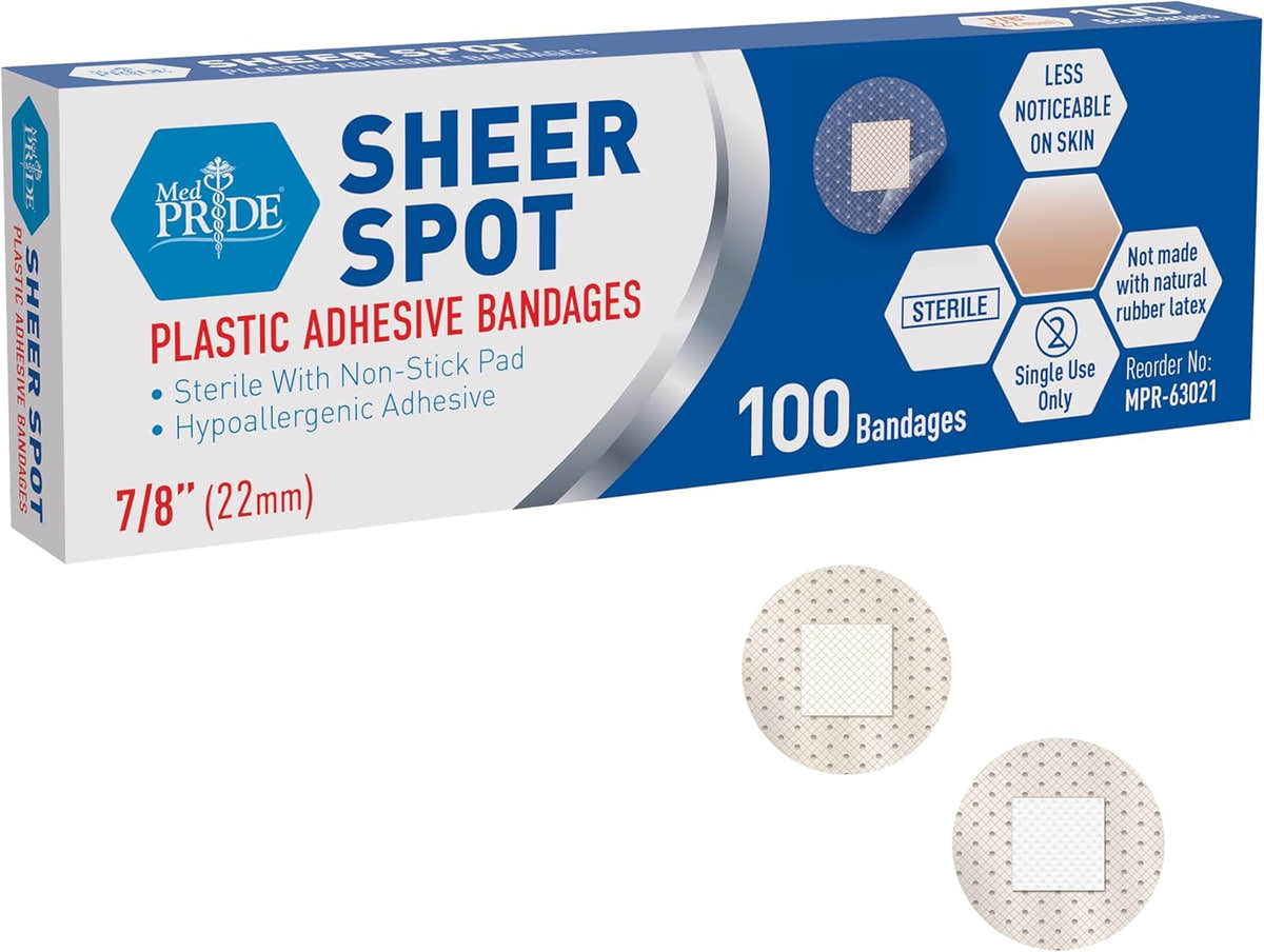 MedPride Sheer Spot Adhesive Bandages - 7/8” Sterile Small Round Bandages with Non-Stick Pad - 100/Box, Case of 48 (4800) MedPride Sheer Spot Adhesive Bandages - 7/8” Sterile Small Round Bandages with Non-Stick Pad - 100/Box, Case of 48 (4800)