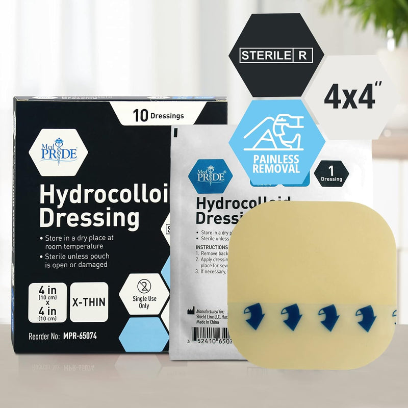 Medpride Hydrocolloid Wound Dressing Pads 4"x4" Extra Thin, Sterile Adhesive Patches, 10/Pack, Case of 20 (200 Count) Medpride Hydrocolloid Wound Dressing Pads 4"x4" Extra Thin, Sterile Adhesive Patches, 10/Pack, Case of 20 (200 Count)