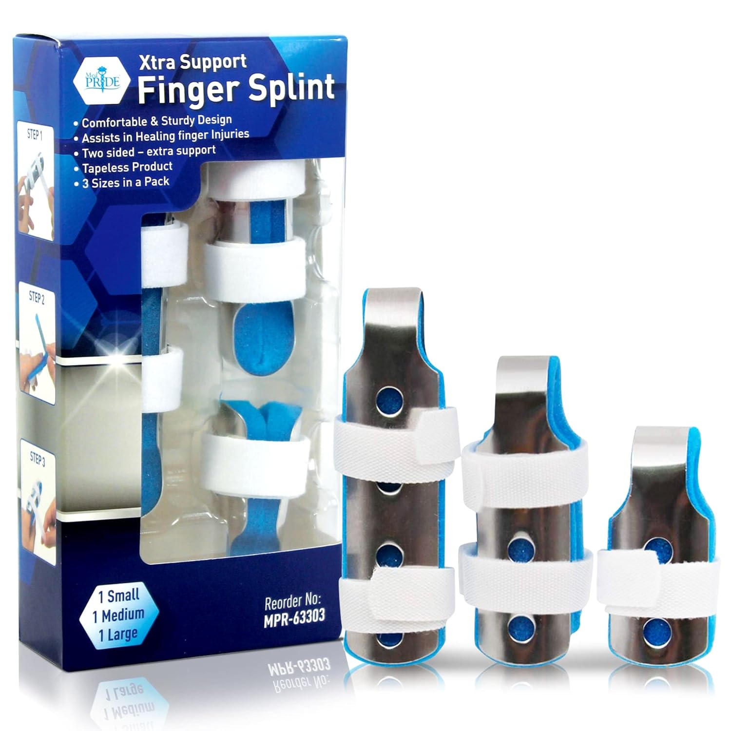 MedPride Finger Splint - S,M,L - 3 Size/pack - 6/box, Case of 12 (216 Count) MedPride Finger Splint - S,M,L - 3 Size/pack - 6/box, Case of 12 (216 Count)
