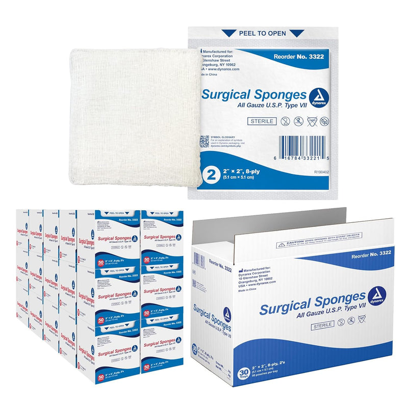 Dynarex Surgical Gauze Sponge - Sterile 2's, 2" x 2" 8 Ply - 50ea/bx, 30bxs/cs (1500 Count) Dynarex Surgical Gauze Sponge - Sterile 2's, 2" x 2" 8 Ply - 50ea/bx, 30bxs/cs (1500 Count)