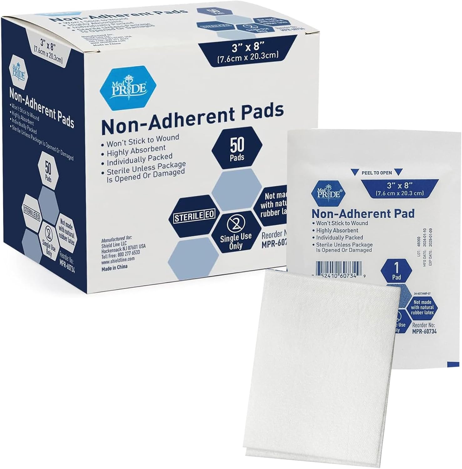 MedPride Sterile Non-Adherent Pads 3"x 8"| Non-Adhesive Wound Dressing | Highly Absorbent & Non-Stick 50/box, Case of 12 (600 Count) MedPride Sterile Non-Adherent Pads 3"x 8"| Non-Adhesive Wound Dressing | Highly Absorbent & Non-Stick 50/box, Case of 12 (600 Count)
