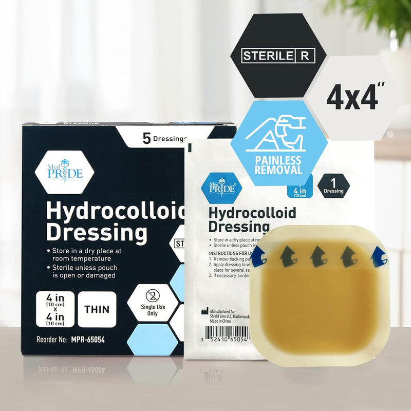 Medpride Hydrocolloid Wound Dressing Pads 4"x4" Thin, Sterile Adhesive Patches, 5/Pack, Case of 20 (100 Count) Medpride Hydrocolloid Wound Dressing Pads 4"x4" Thin, Sterile Adhesive Patches, 5/Pack, Case of 20 (100 Count)