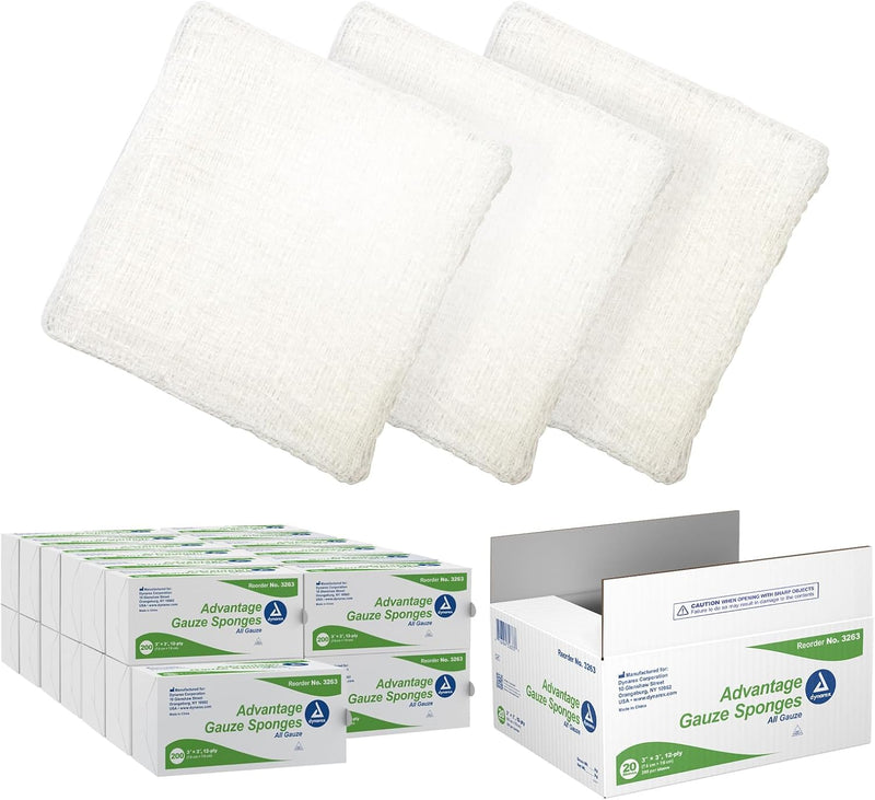 Dynarex Advantage Surgical Sponges, 3" x 3" 12Ply 200ea/bx, 20bxs/cs (4000 Count) Dynarex Advantage Surgical Sponges, 3" x 3" 12Ply 200ea/bx, 20bxs/cs (4000 Count)