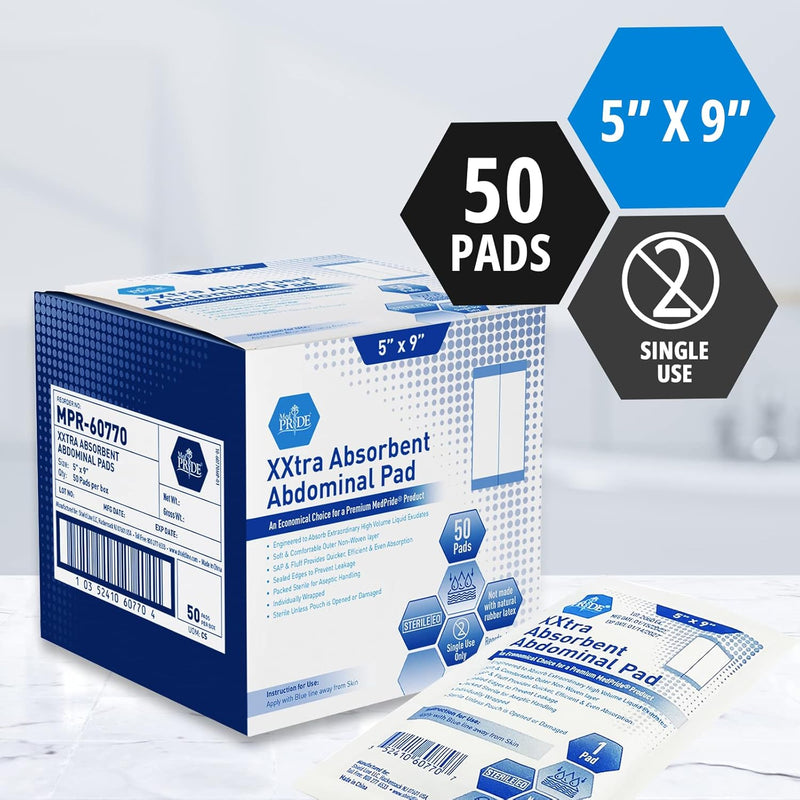 MedPride Extra Absorbent Abdominal Pad - 5x9 - Sterile - 50/box, Case of 12 (600 Count) MedPride Extra Absorbent Abdominal Pad - 5x9 - Sterile - 50/box, Case of 12 (600 Count)