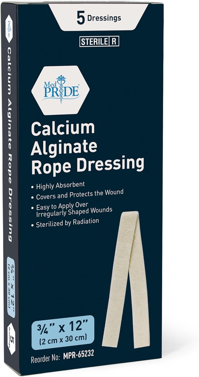 MedPride Calcium Alginate Rope Dressing, Sterile Hydrophilic Wound Dressing Rope for Open Wounds, Burns, Ulcers & Minor Traumas, 3/4"x12" - 5/Pack, Case of 12 (60 Count) MedPride Calcium Alginate Rope Dressing, Sterile Hydrophilic Wound Dressing Rope for Open Wounds, Burns, Ulcers & Minor Traumas, 3/4"x12" - 5/Pack, Case of 12 (60 Count)