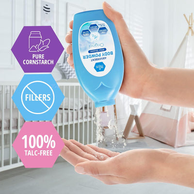 MedPride Premium 100% Talc Free Baby Powder w/seal - Blue Bottle - 13 oz, 24/cs. MedPride Premium 100% Talc Free Baby Powder w/seal - Blue Bottle - 13 oz, 24/cs.
