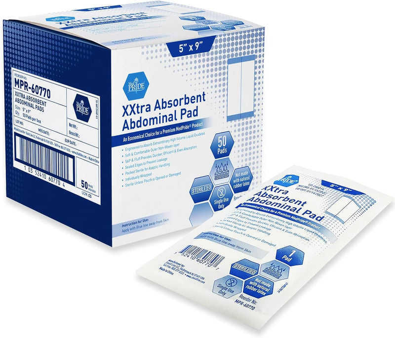 MedPride Extra Absorbent Abdominal Pad - 5x9 - Sterile - 50/box, Case of 12 (600 Count) MedPride Extra Absorbent Abdominal Pad - 5x9 - Sterile - 50/box, Case of 12 (600 Count)