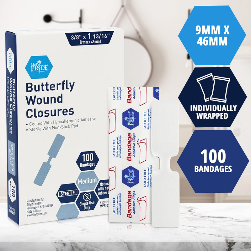 MedPride Adhesive Bandage, Butterfly Wound Closures Fabric, 3/8" x 1 13/16" Medium, Sterile - 100/Box, Case of 24 (2400 Count) MedPride Adhesive Bandage, Butterfly Wound Closures Fabric, 3/8" x 1 13/16" Medium, Sterile - 100/Box, Case of 24 (2400 Count)