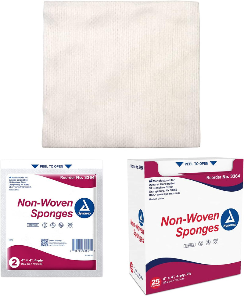 Dynarex Non-Woven Sponge - Sterile 2's, 4" x 4" 4 Ply, 25ea/bx, 24bxs/cs (600 Count) Dynarex Non-Woven Sponge - Sterile 2's, 4" x 4" 4 Ply, 25ea/bx, 24bxs/cs (600 Count)