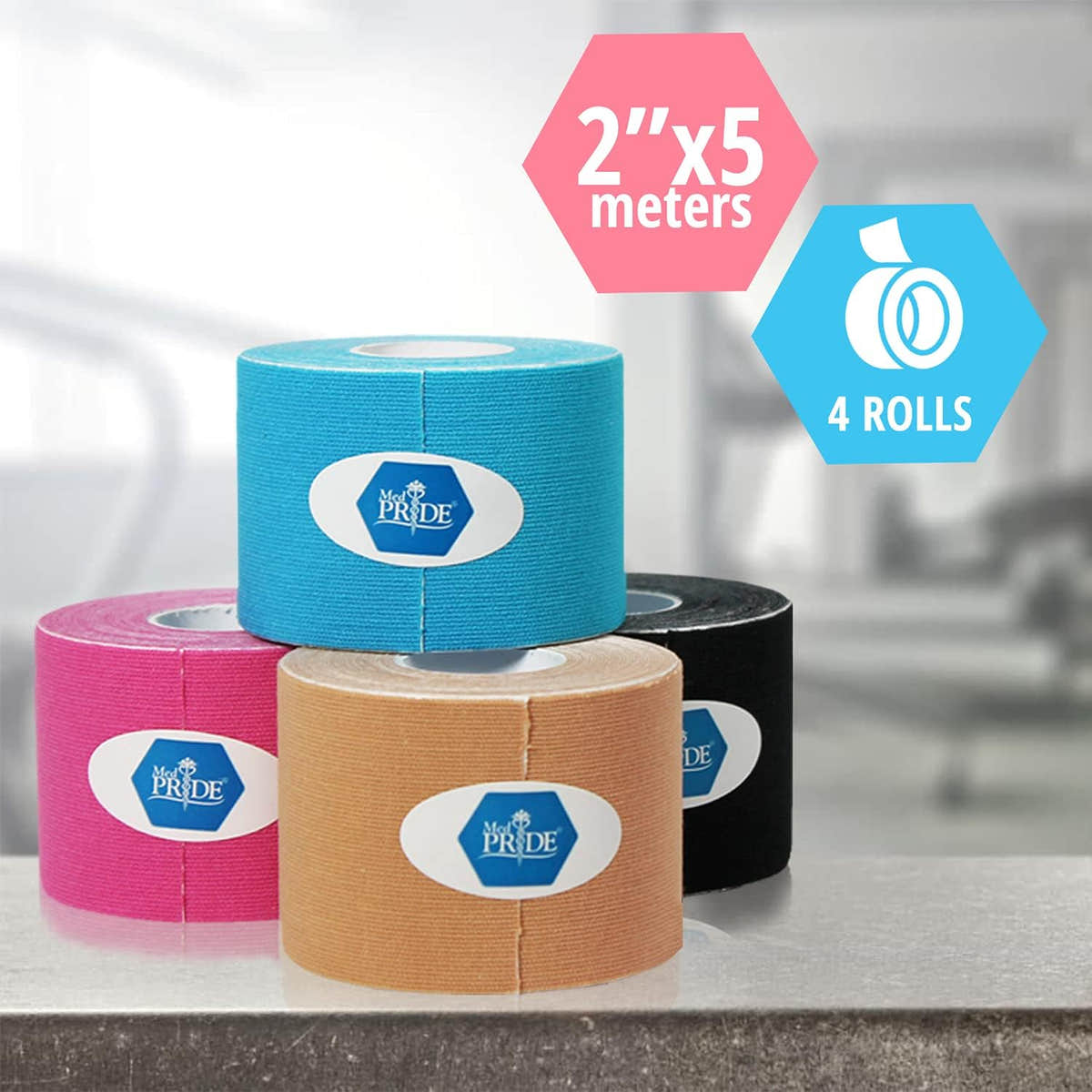 MedPride Kinesiology Tape - Mixed Colors - 2" x 5m - 4 Rolls/Box, Case of 30 (120 Count) MedPride Kinesiology Tape - Mixed Colors - 2" x 5m - 4 Rolls/Box, Case of 30 (120 Count)