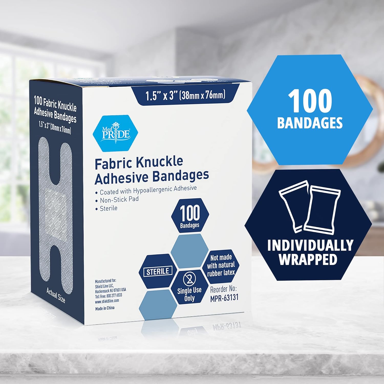 MedPride Sterile Fabric Knuckle Adhesive Bandage 1.5" x 3" - 100/Box, Case of 24 (2400 Count) MedPride Sterile Fabric Knuckle Adhesive Bandage 1.5" x 3" - 100/Box, Case of 24 (2400 Count)