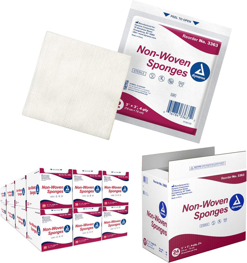 Dynarex Non-Woven Sponge - Sterile 2's, 3" x 3" 4 Ply - 50ea/bx, 24bxs/cs (1200 Count) Dynarex Non-Woven Sponge - Sterile 2's, 3" x 3" 4 Ply - 50ea/bx, 24bxs/cs (1200 Count)
