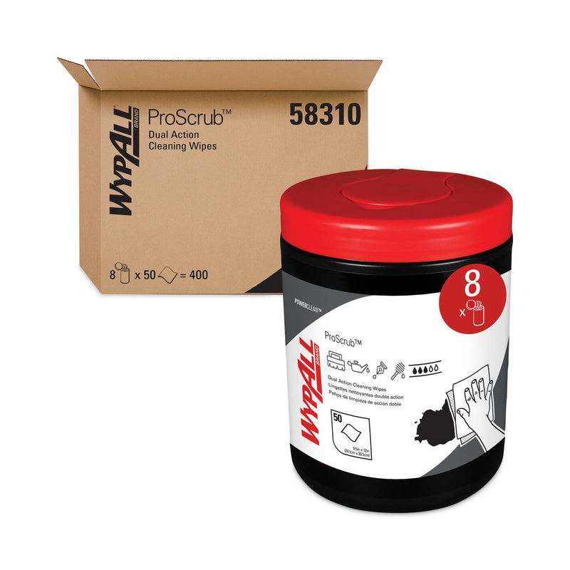 WypAll Power Clean ProScrub Pre-Saturated Wipes, 12 x 9.5, Citrus Scent, Green/White, 50/Canister, 8 Canisters/Carton WypAll Power Clean ProScrub Pre-Saturated Wipes, 12 x 9.5, Citrus Scent, Green/White, 50/Canister, 8 Canisters/Carton