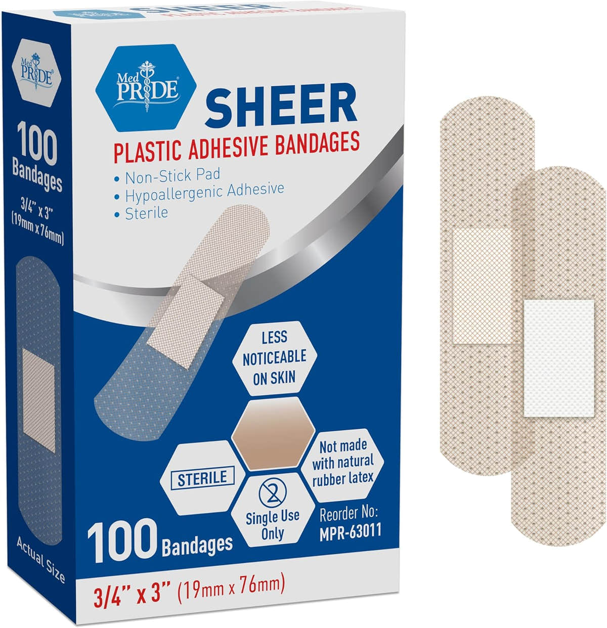 MedPride Sheer Strip Adhesive Bandage , First Aid Strips with Hypoallergenic Adhesive Sterile, 3/4"x3" - 100/Box, Case of 24 (2400 Count) MedPride Sheer Strip Adhesive Bandage , First Aid Strips with Hypoallergenic Adhesive Sterile, 3/4"x3" - 100/Box, Case of 24 (2400 Count)