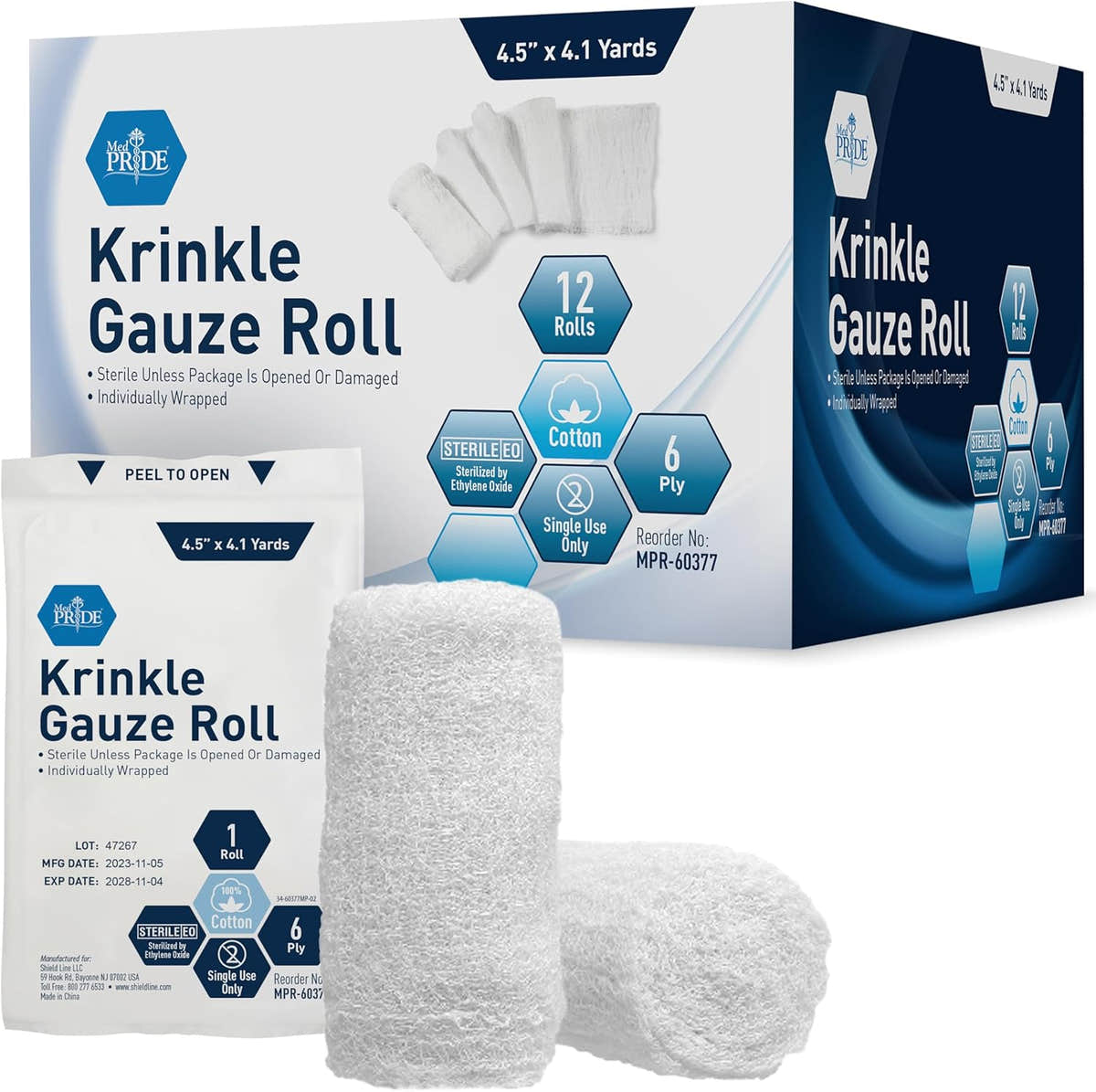 MedPride Krinkle Gauze Roll 4.5" x 4.1 yd - Sterile - 12 rolls/box, Case of 12 (144 Count) MedPride Krinkle Gauze Roll 4.5" x 4.1 yd - Sterile - 12 rolls/box, Case of 12 (144 Count)