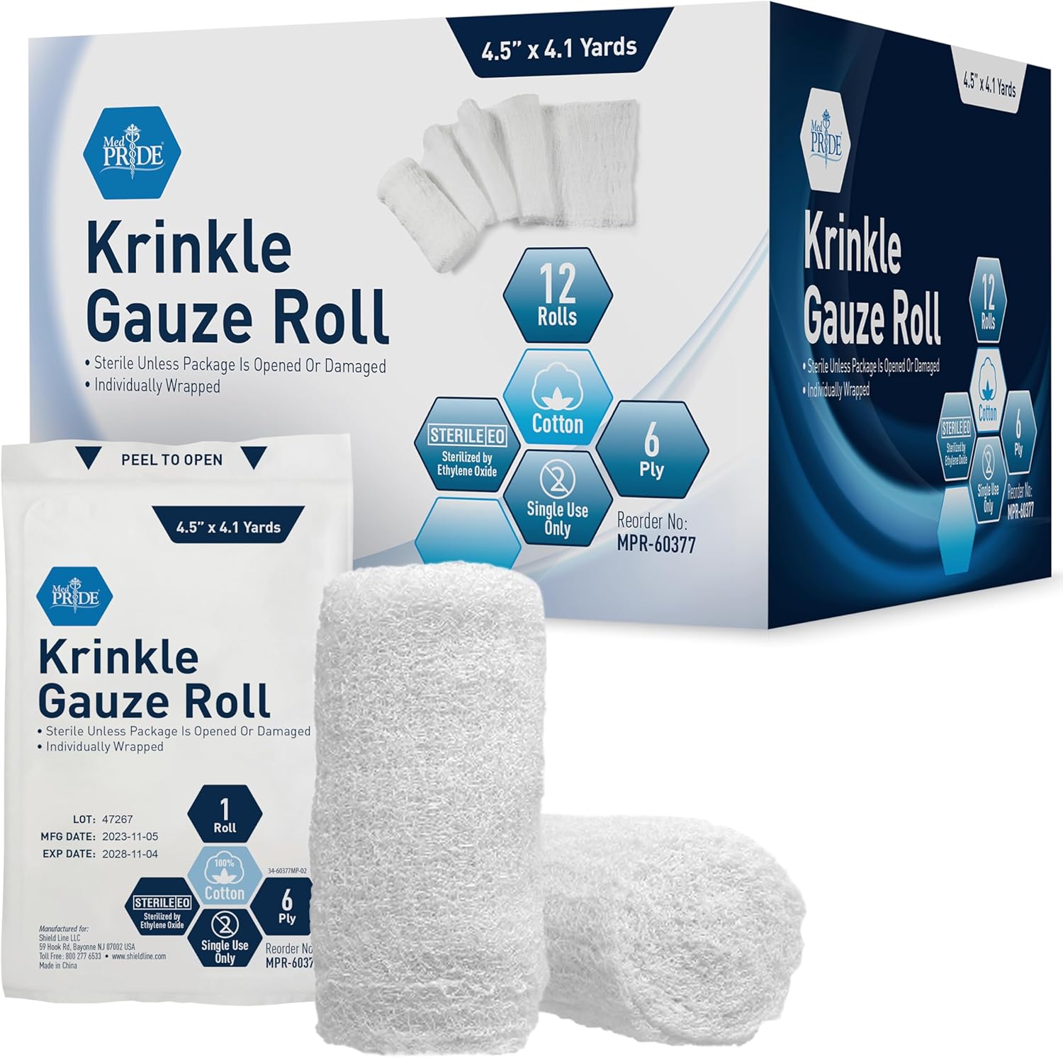 MedPride Krinkle Gauze Roll 4.5" x 4.1 yd - Sterile - 12 rolls/box, Case of 12 (144 Count) MedPride Krinkle Gauze Roll 4.5" x 4.1 yd - Sterile - 12 rolls/box, Case of 12 (144 Count)