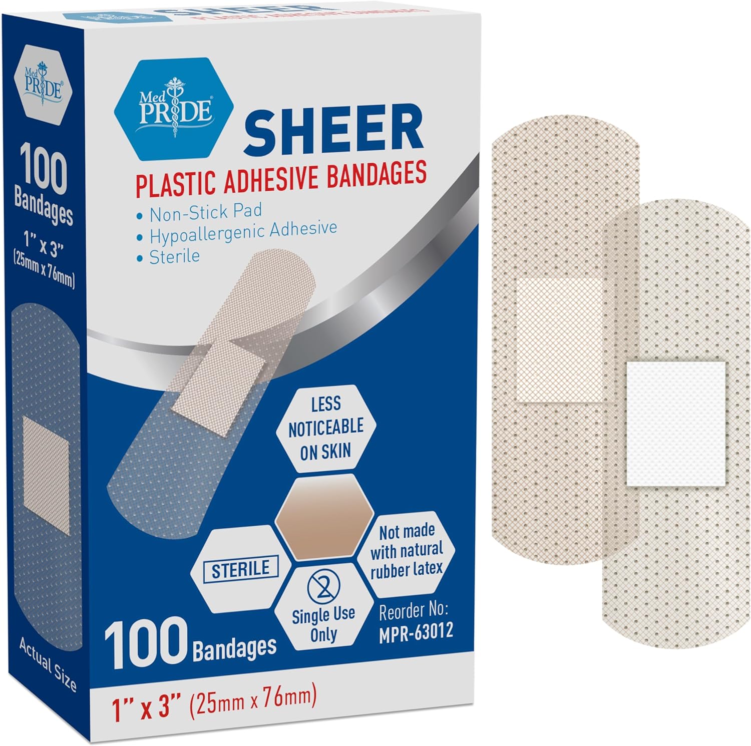 MedPride Sheer Strip Adhesive Bandage , First Aid Strips with Hypoallergenic Adhesive Sterile, 1"x3" - 100/Box, Case of 24 (2400 Count) MedPride Sheer Strip Adhesive Bandage , First Aid Strips with Hypoallergenic Adhesive Sterile, 1"x3" - 100/Box, Case of 24 (2400 Count)