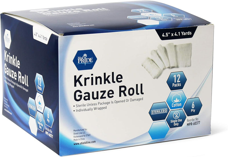 MedPride Krinkle Gauze Roll 4.5" x 4.1 yd - Sterile - 12 rolls/box, Case of 12 (144 Count) MedPride Krinkle Gauze Roll 4.5" x 4.1 yd - Sterile - 12 rolls/box, Case of 12 (144 Count)