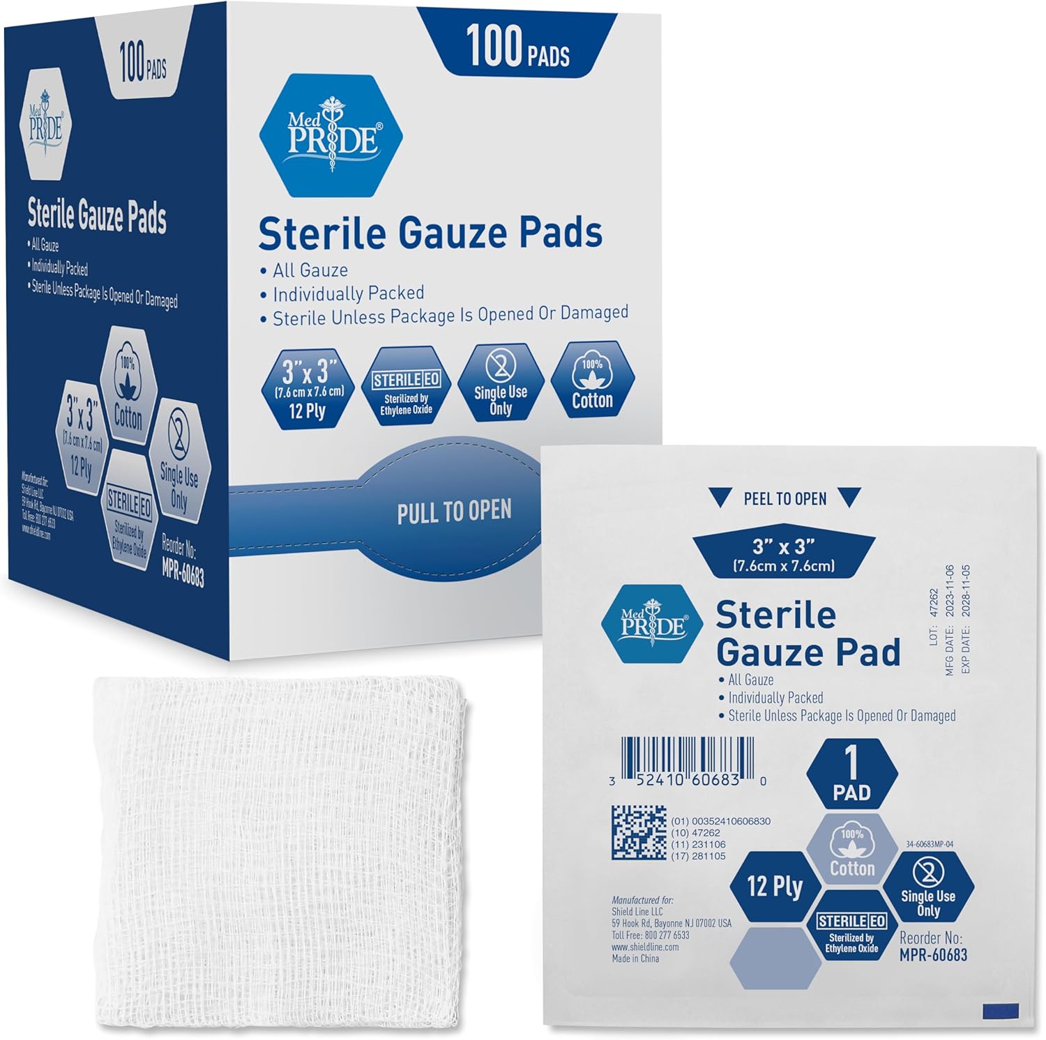 MedPride Sterile Gauze Pads for Wound Dressing & First Aid Kit - 1's, 3"x3" - 12 Ply - 100/box, Case of 24 (2,400 Count) MedPride Sterile Gauze Pads for Wound Dressing & First Aid Kit - 1's, 3"x3" - 12 Ply - 100/box, Case of 24 (2,400 Count)