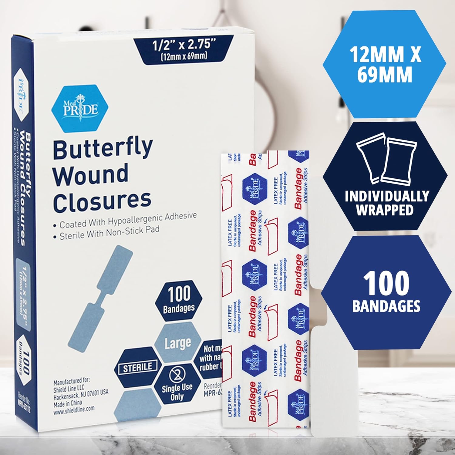 MedPride Adhesive Bandage, Butterfly Wound Closures Fabric, 1/2" x 2.75" Large, Sterile - 100/Box, Case of 24 (2400 Count) MedPride Adhesive Bandage, Butterfly Wound Closures Fabric, 1/2" x 2.75" Large, Sterile - 100/Box, Case of 24 (2400 Count)