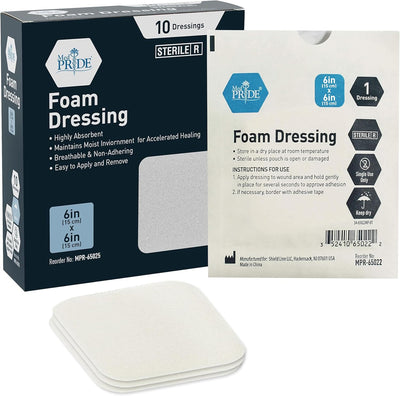 Medpride Foam Dressings 6"x6" - Sterile, Hydrophilic, Highly Absorbent- Soft, Non-Adhesive Pads, 10/Pack, Case of 20 (200 Count) Medpride Foam Dressings 6"x6" - Sterile, Hydrophilic, Highly Absorbent- Soft, Non-Adhesive Pads, 10/Pack, Case of 20 (200 Count)