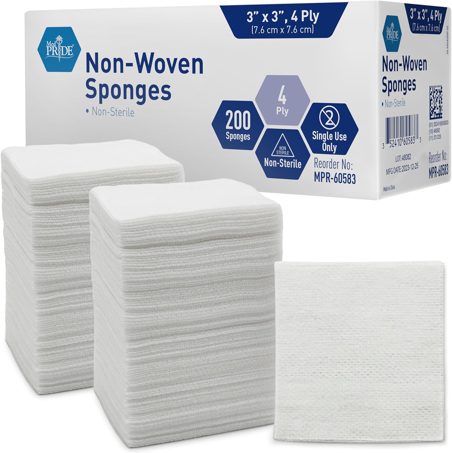MedPride Non-Woven Surgical Sponges, First Aid Wound Care Dressing Sponge Non-Sterile - 3"x3" - 4 Ply, 200/Box, Case of 20 (4000 Count) MedPride Non-Woven Surgical Sponges, First Aid Wound Care Dressing Sponge Non-Sterile - 3"x3" - 4 Ply, 200/Box, Case of 20 (4000 Count)