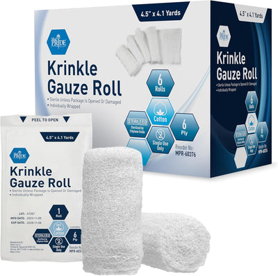 MedPride Krinkle Gauze Roll 4.5" x 4.1 yd - Sterile - 6 rolls/box, Case of 24 (144 Count) MedPride Krinkle Gauze Roll 4.5" x 4.1 yd - Sterile - 6 rolls/box, Case of 24 (144 Count)